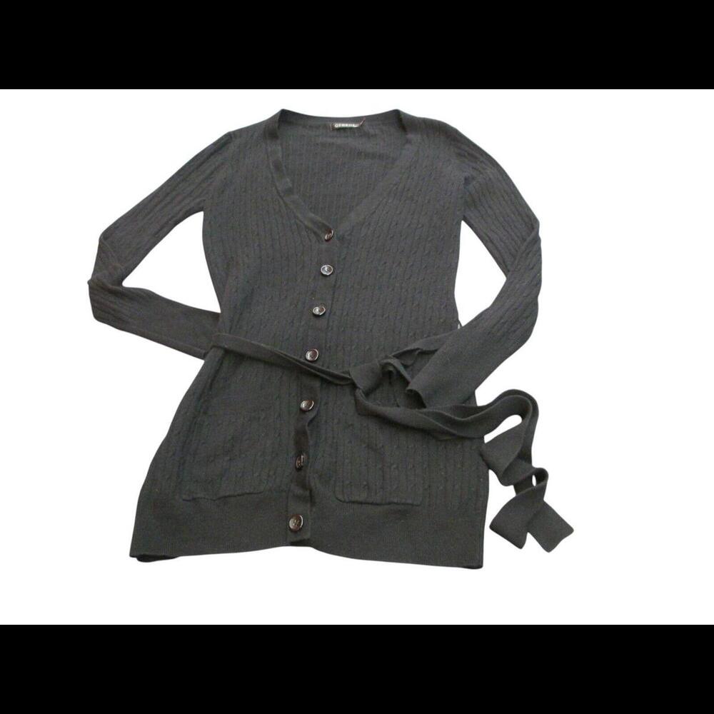George Womens Size L Black Cardigan Sweater Buttons Pockets Belt Long Sleeve